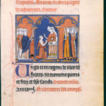 Ordo du sacre de 1250 L'archevêque de Reims oint le front du roi ; à gauche, l'archevêque présente l'épée royale ; à droite, le sénéchal tient cette épée Manuscrits à peinture 